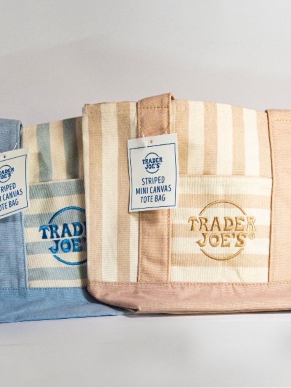 Trader Joes Mini Canvas Tote Grocery Shopping Bag Striped Blue & Tan Set 2 NEW